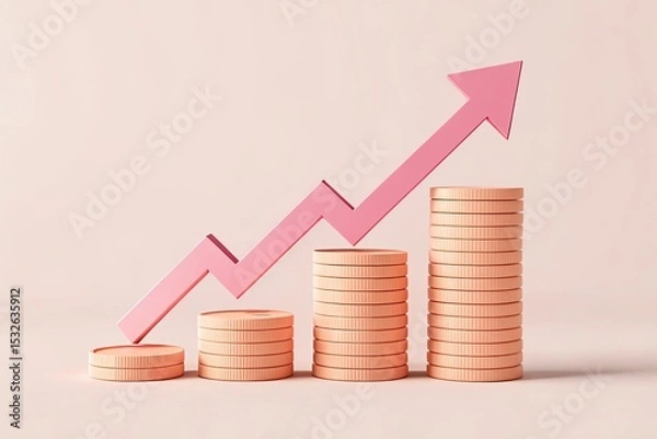 Fototapeta Rising Pink Arrow Over Stacks of Bronze Coins on Light Pink Background Finance Concept
