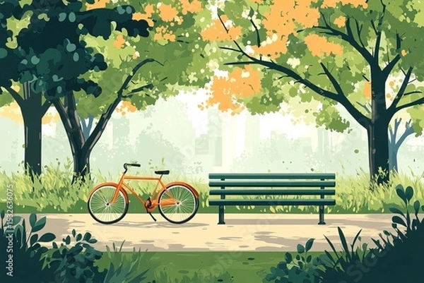 Fototapeta Whimsical illustration of bicycle resting beside green park bench, framed by abstract trees and lush grass in serene outdoor setting