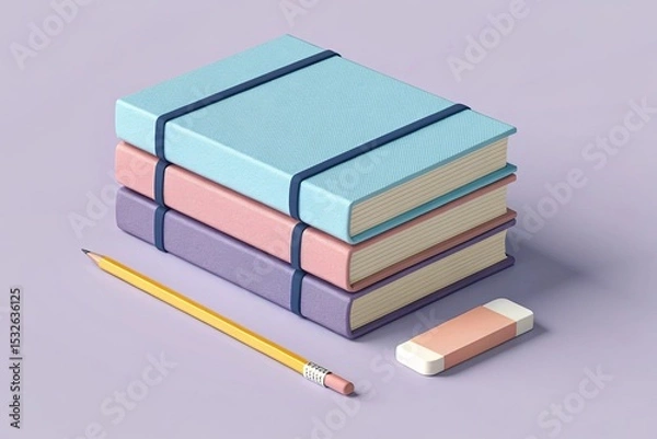 Fototapeta Stack of Colorful Books with Elastic Band, Yellow Pencil, and Pink Eraser on Lilac Surface