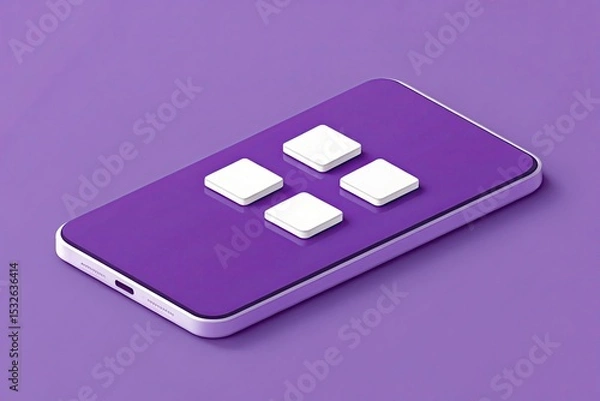 Fototapeta Purple Smartphone Isometric View with Four White Square Icons Displayed Centrally