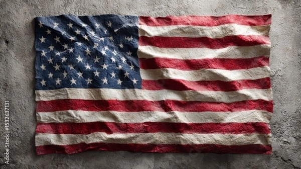 Fototapeta Worn US Flag Displayed on a Clean Gray Concrete Wall Background