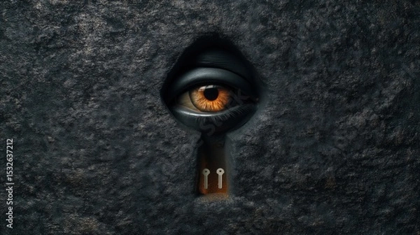 Fototapeta A mysterious and intense eye looking through a dark keyhole in a stone wall, symbolizing surveillance, secrets, and the search for a solution