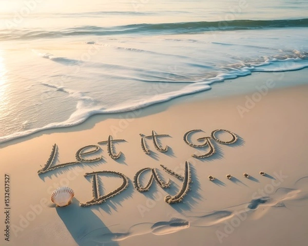 Obraz Motivational message "Let It Go Day" written in the sand on a beach at sunrise. A high-angle, full shot of the words "Let It Go Day" written in the sand on a beach at sunrise.