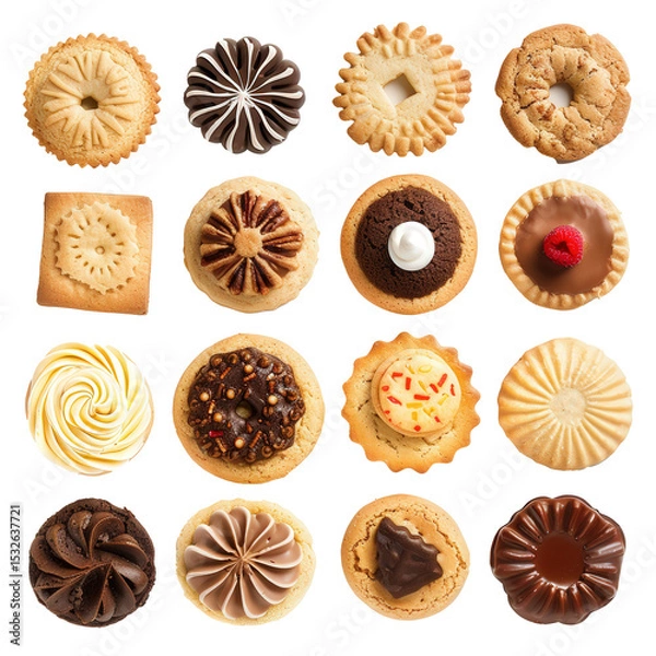 Obraz 16 different cookies isolated, A delightful assortment of assorted cookies in various shapes, sizes, and designs, arranged neatly on a white background for a charming and appetizing display