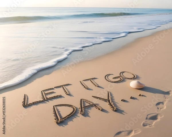 Obraz Motivational message "Let It Go Day" written in the sand on a beach at sunrise. A high-angle, full shot of the words "Let It Go Day" written in the sand on a beach at sunrise.