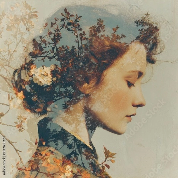 Fototapeta Vintage Double Exposure Portrait with Faded Floral Elements