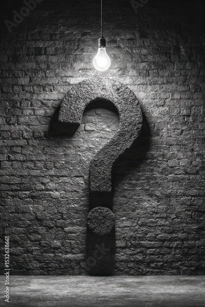 Fototapeta Large Dark Question Mark on Wall with a Light Above it