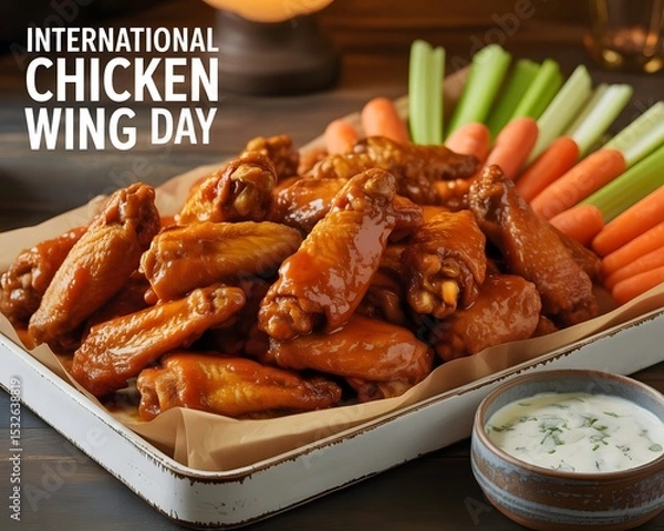 Obraz Delicious Chicken Wings for International Chicken Wing Day. A close-up view of a tray filled with crispy, golden-brown chicken wings, glistening with a tangy sauce.