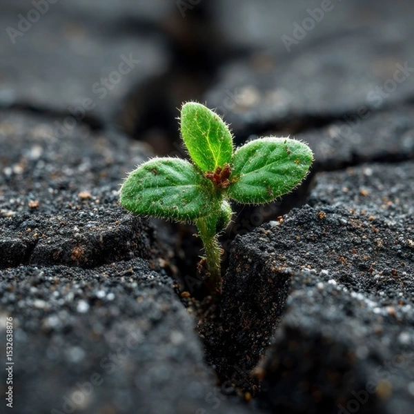 Fototapeta Close-Up Macro Shot of a Single Green Seedling Sprouting Through Soil