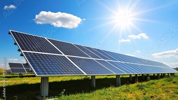 Obraz ground mounted solar panel array under a clear blue sky with shining sun and white clouds, representing renewable green energy and clean environmental technology