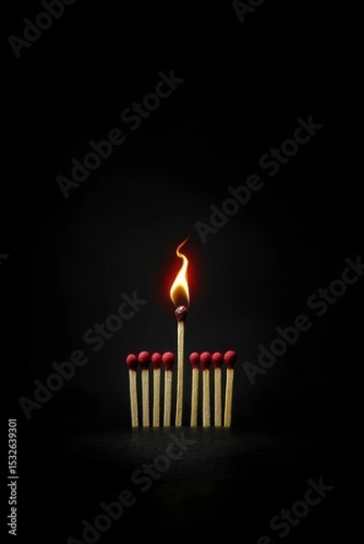 Fototapeta A single lit matchstick glows brightly among unlit black matchsticks, highlighting the contrast between light and darkness.