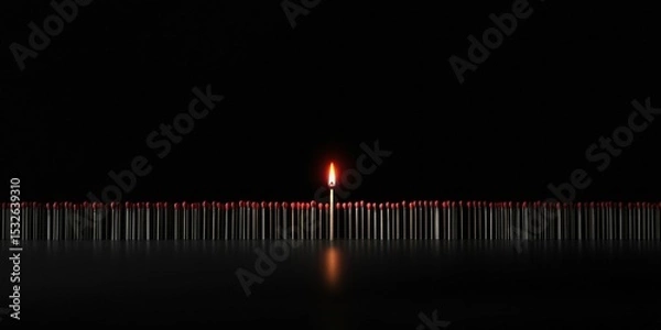 Fototapeta A single lit matchstick glows brightly among unlit black matchsticks, highlighting the contrast between light and darkness.
