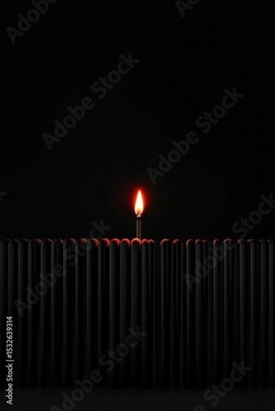 Fototapeta A single lit matchstick glows brightly among unlit black matchsticks, highlighting the contrast between light and darkness.