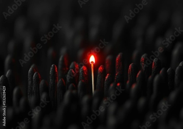 Fototapeta A single lit matchstick glows brightly among unlit black matchsticks, highlighting the contrast between light and darkness.