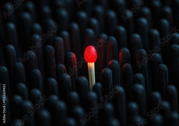 Fototapeta A single lit matchstick glows brightly among unlit black matchsticks, highlighting the contrast between light and darkness.