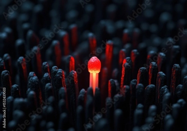 Fototapeta A single lit matchstick glows brightly among unlit black matchsticks, highlighting the contrast between light and darkness.