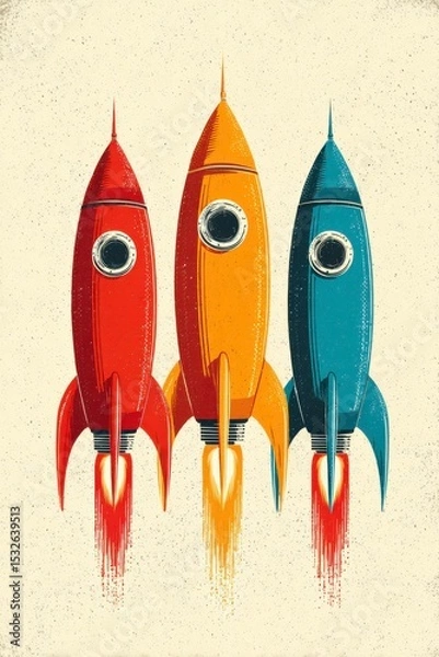Fototapeta Colorful Minimalist Creative Creative of Three Retro Rockets