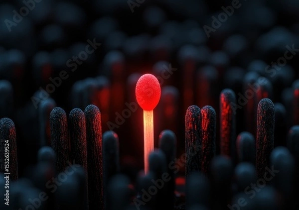 Fototapeta A single lit matchstick glows brightly among unlit black matchsticks, highlighting the contrast between light and darkness.