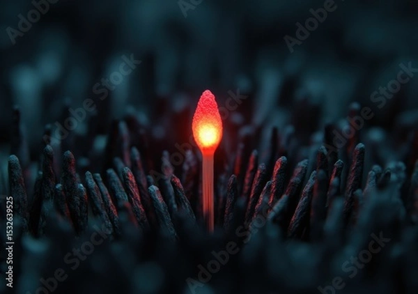 Fototapeta A single lit matchstick glows brightly among unlit black matchsticks, highlighting the contrast between light and darkness.