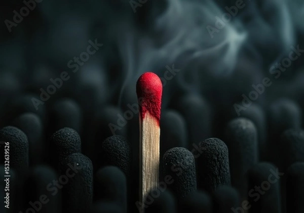 Fototapeta A single lit matchstick glows brightly among unlit black matchsticks, highlighting the contrast between light and darkness.