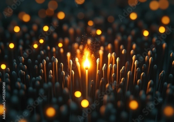 Fototapeta A single lit matchstick glows brightly among unlit black matchsticks, highlighting the contrast between light and darkness.