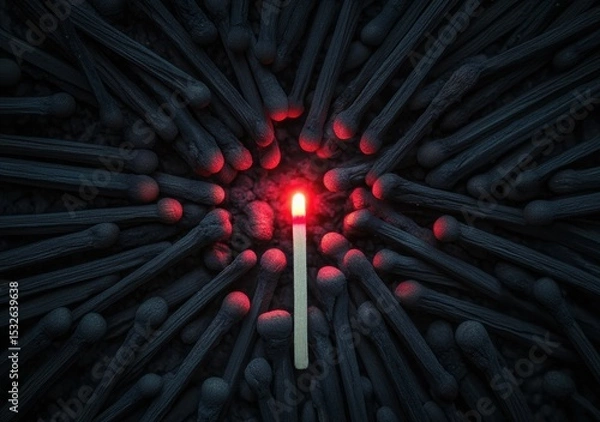 Fototapeta A single lit matchstick glows brightly among unlit black matchsticks, highlighting the contrast between light and darkness.