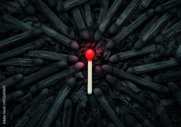 Fototapeta A single lit matchstick glows brightly among unlit black matchsticks, highlighting the contrast between light and darkness.