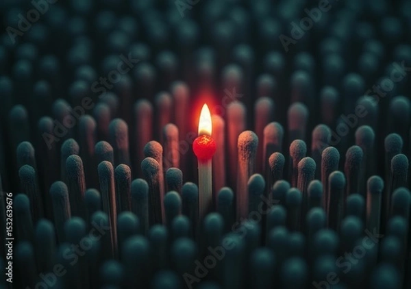 Fototapeta A single lit matchstick glows brightly among unlit black matchsticks, highlighting the contrast between light and darkness.