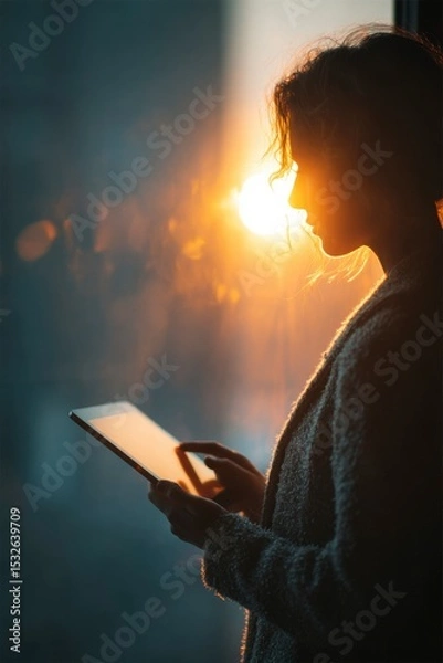 Fototapeta Person Holding Transparent Digital Device with Glowing Background