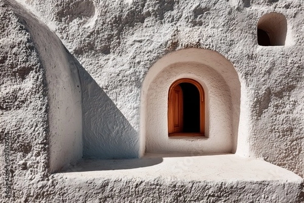 Obraz Architectural detail of a whitewashed wall with arched window and geometric shadows, capturing texture