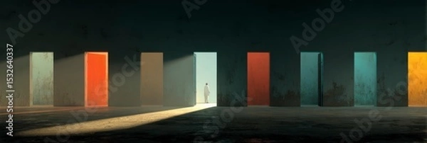 Fototapeta Identical Closed Doors in a Row with Dramatic Lighting Effects