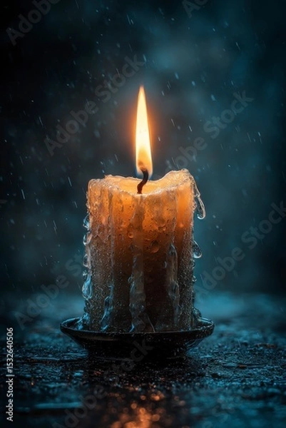 Fototapeta Single Flickering Candle Flame in Dark Atmosphere with Rain