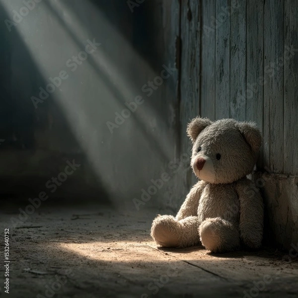 Fototapeta Worn Teddy Bear Sitting Alone in a Shadowy Corner of a Room