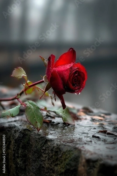 Fototapeta Single Red Rose Resting on Weathered Gray Surface with Dew Drops