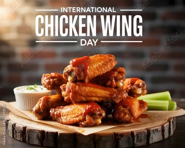 Obraz Delicious Chicken Wings for International Chicken Wing Day. A close-up view of a tray filled with crispy, golden-brown chicken wings, glistening with a tangy sauce.