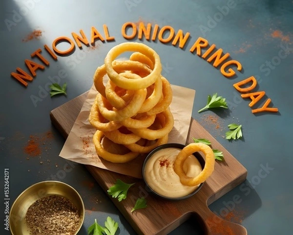 Obraz Overhead view of a wooden platter loaded with golden-brown onion rings, garnished with fresh parsley, alongside a dipping sauce and a sprinkle of seasoning. 
