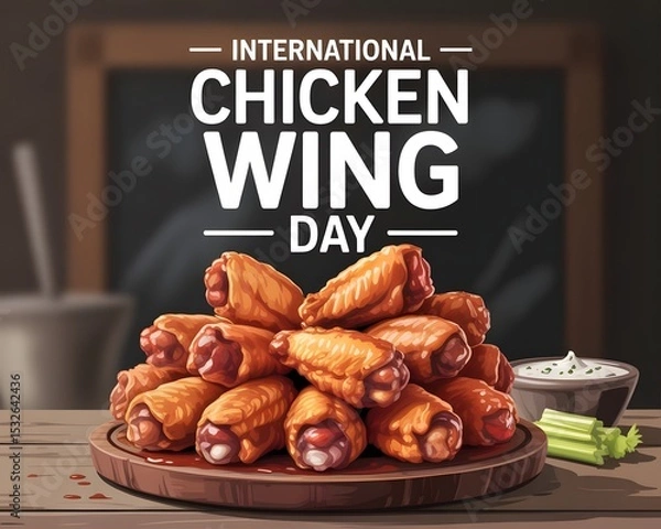 Obraz Delicious Chicken Wings for International Chicken Wing Day. A close-up view of a tray filled with crispy, golden-brown chicken wings, glistening with a tangy sauce.