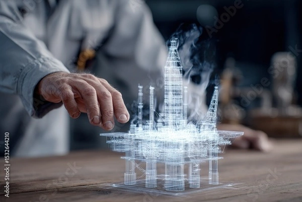 Obraz Innovative 3D model visualization of an oil rig being created in a high-tech workspace at night