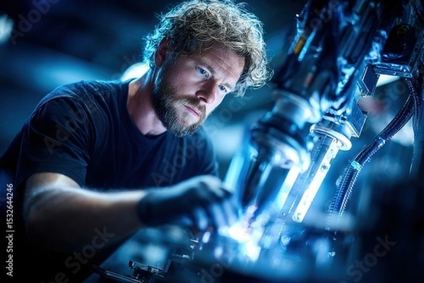 Obraz Skilled technician working meticulously on intricate machinery during a late-night engineering session
