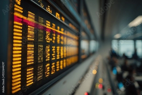 Obraz Digital display board shows train schedules in a busy railway station during early morning rush hour