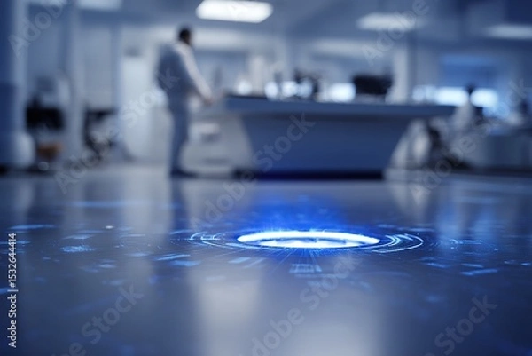Obraz Advanced technology interface displayed on a laboratory floor with researchers engaged in digital interaction