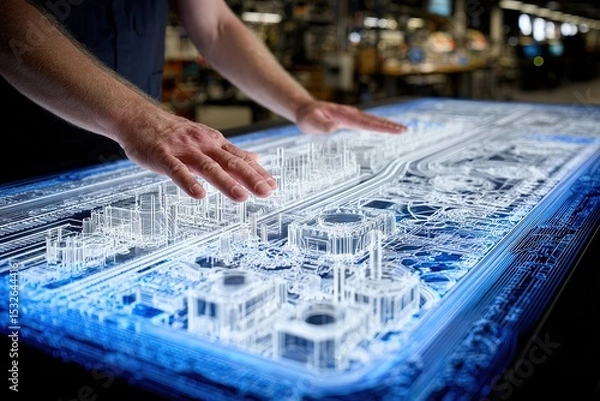 Obraz Hands interact with a detailed architectural model in a modern workspace showcasing urban design innovations
