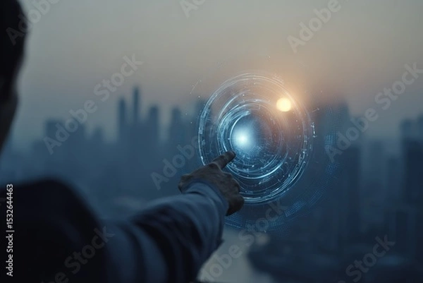 Obraz Man in urban setting points towards digital hologram envisioning future possibilities at sunset