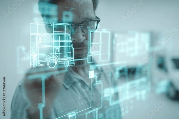 Fototapeta Professional analyzing logistics data with augmented reality technology in modern office environment