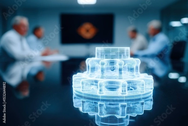 Obraz Meeting focused on innovative technology with a digital representation of a gear in a corporate office environment