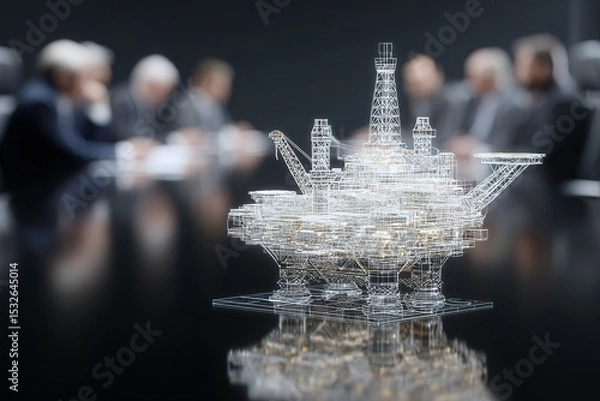 Obraz Business meeting focused on oil and gas energy sector with a detailed model of an offshore drilling platform