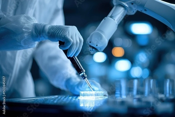 Obraz Advanced robotic arm assists in laboratory research with precision pipetting during late night experiments