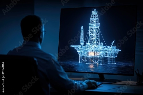 Obraz Engineer analyzing a 3D model of an offshore oil rig on a large screen at night
