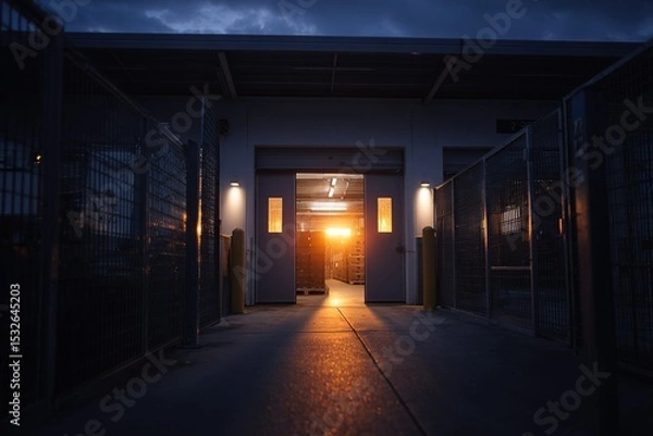 Obraz Warm glow of evening light illuminating an open doorway in a storage facility at dusk