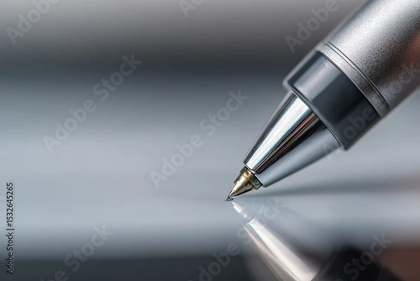 Obraz Close-up view of a metallic pen poised over a smooth surface reflecting light in an office setting
